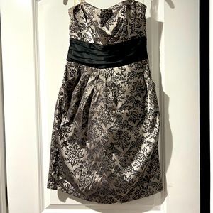 Strapless damask black and silver mini dress